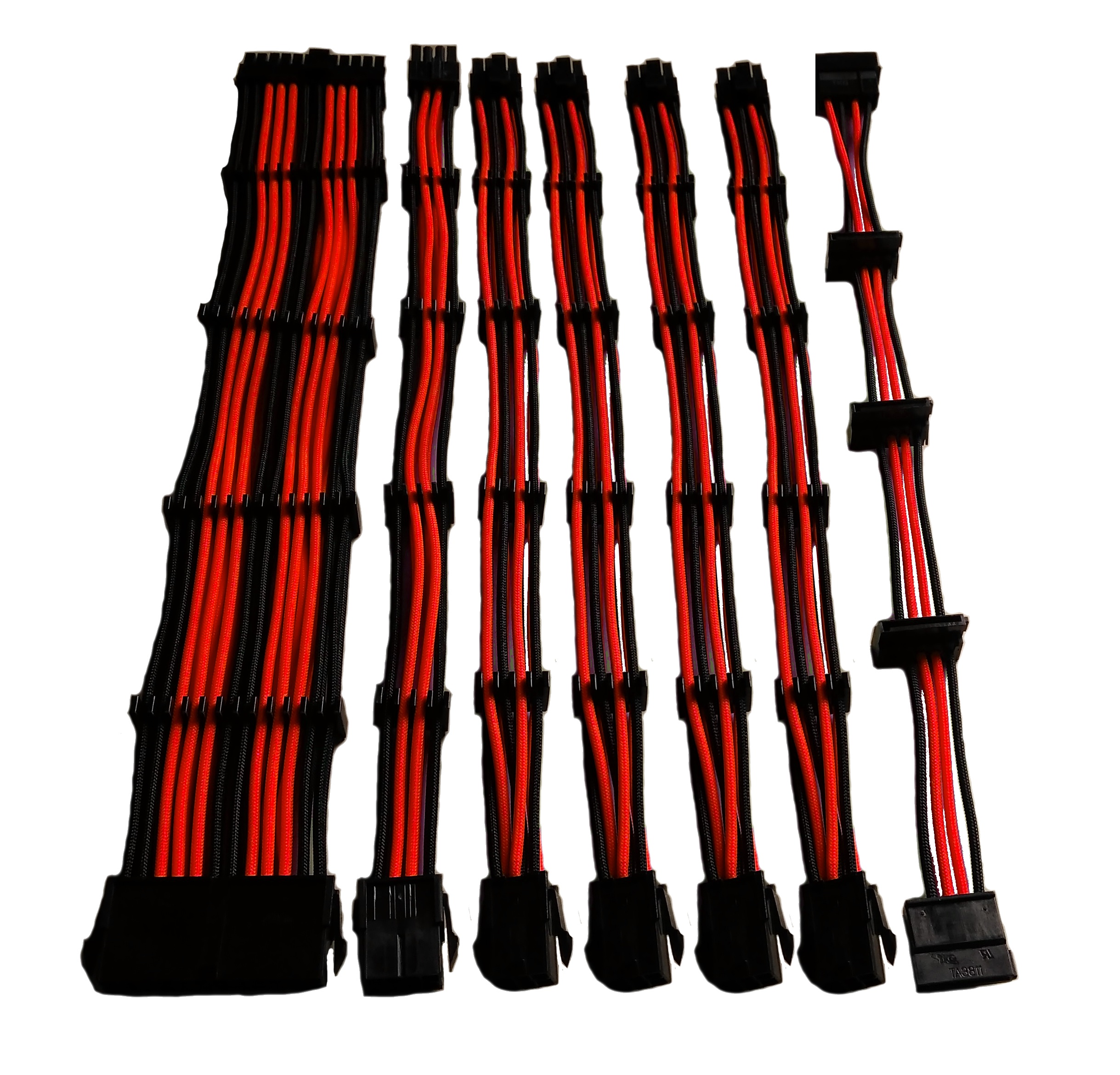 Set 7 prolunghe da 30 cm nylon rosso/nero: 24pin, 4+4pin, 4 x pci-e 6+2, 4 x sata