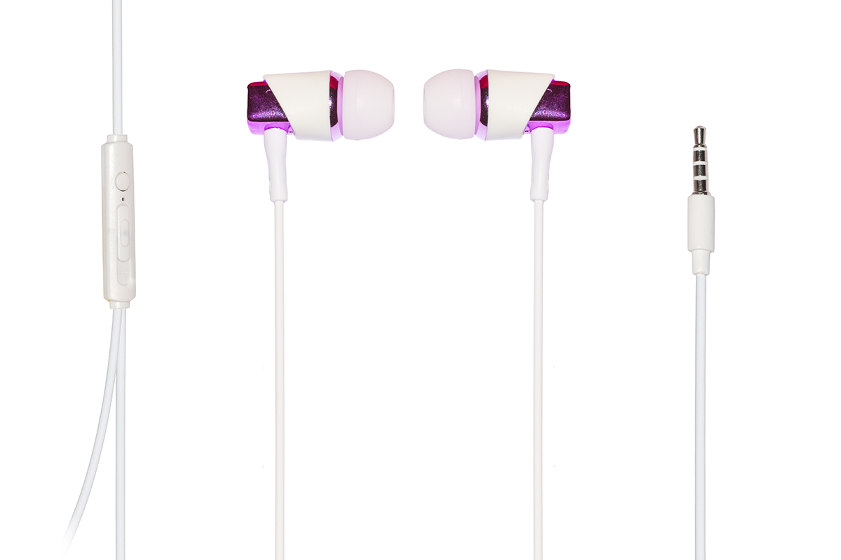 Auricolari con microfono, plug 3,5 mm, cavo mt 1,2 cavo bianco e cuffie bianco-viola