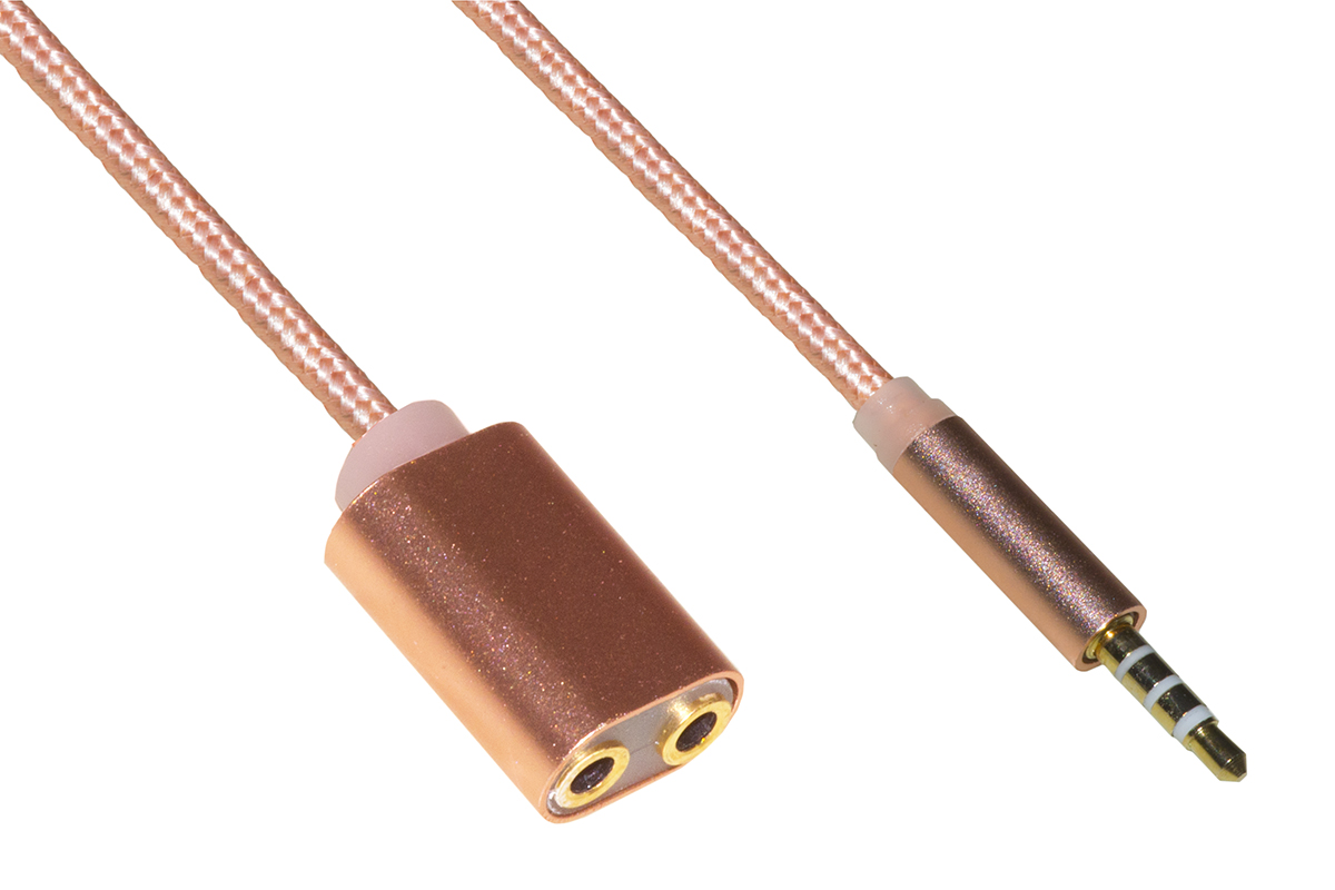 Sdoppiatore audio jack 3,5 mm maschio a 2 femmine 35 cm guaina intrecciata colore rosa